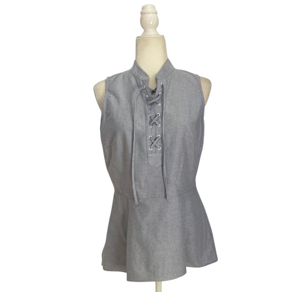 Veronica Beard Lace Up Blouse Sleeveless Pleated Peplum Top Chambray Blue Cotton - Picture 4 of 11